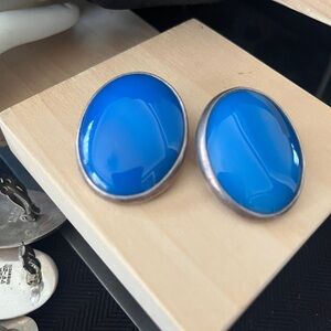 Oval Blue stone and Sterling Clip-On Earrings